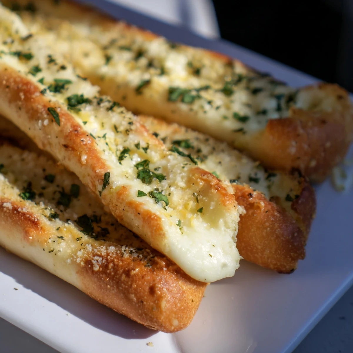 Golden keto garlic butter breadsticks brushed with melted butter and fresh parsley garnish