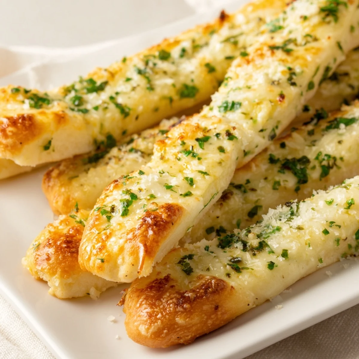 Soft low-carb mozzarella breadsticks with garlic parmesan coating served warm on wooden board