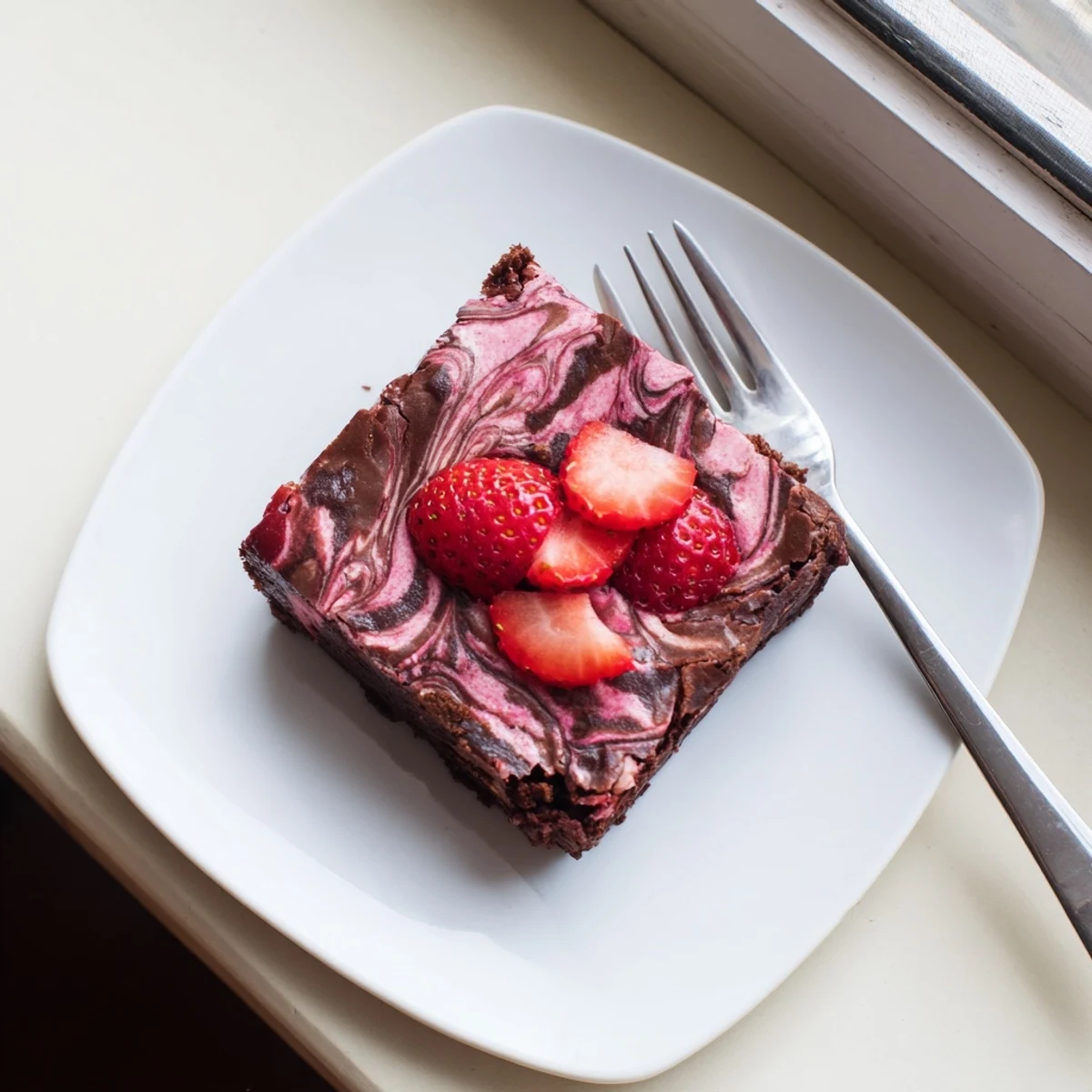 Fudgy homemade strawberry brownies featuring rich chocolate swirled with vibrant red strawberry puree