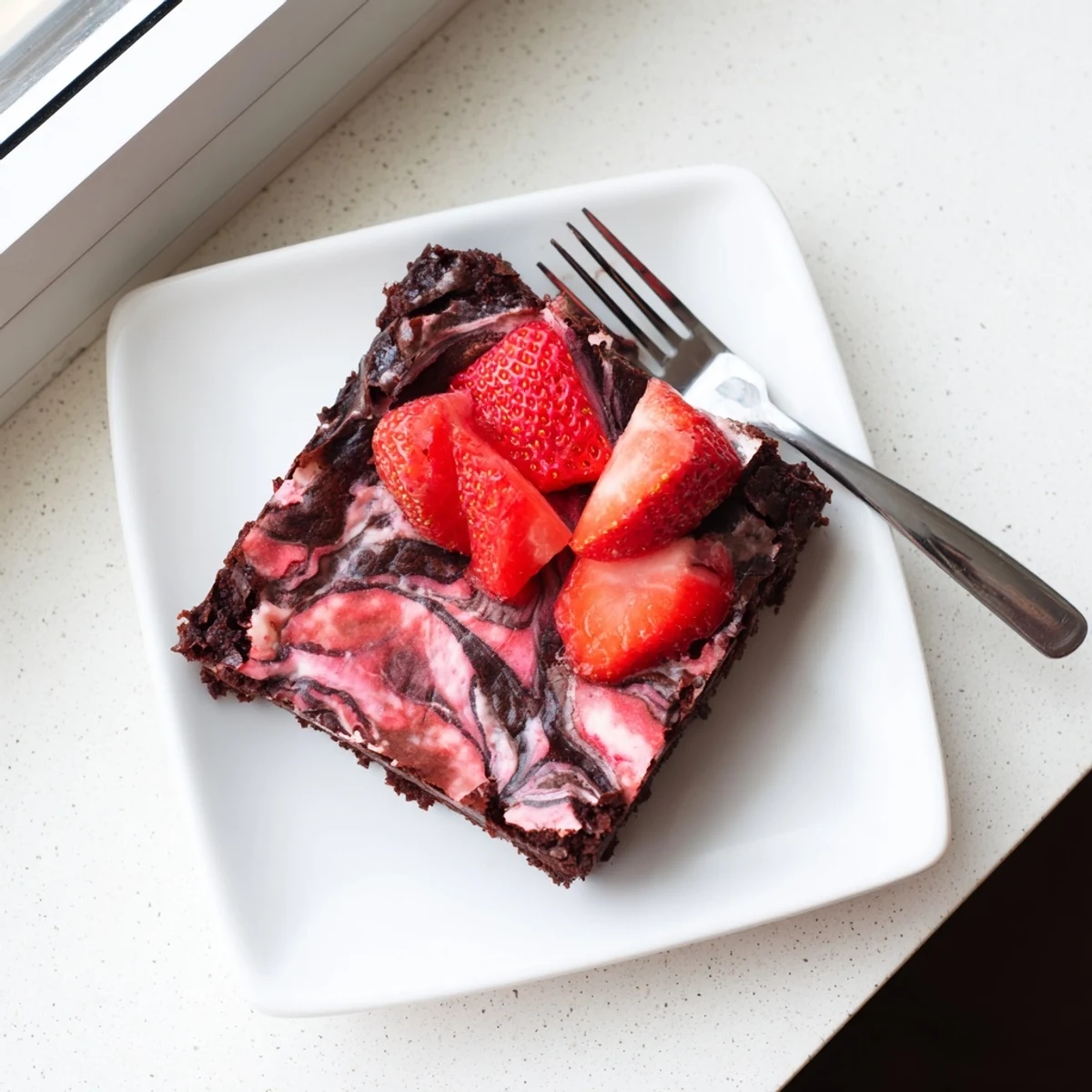 Fresh strawberry brownies cut into squares showing marbled pink and chocolate dessert layers