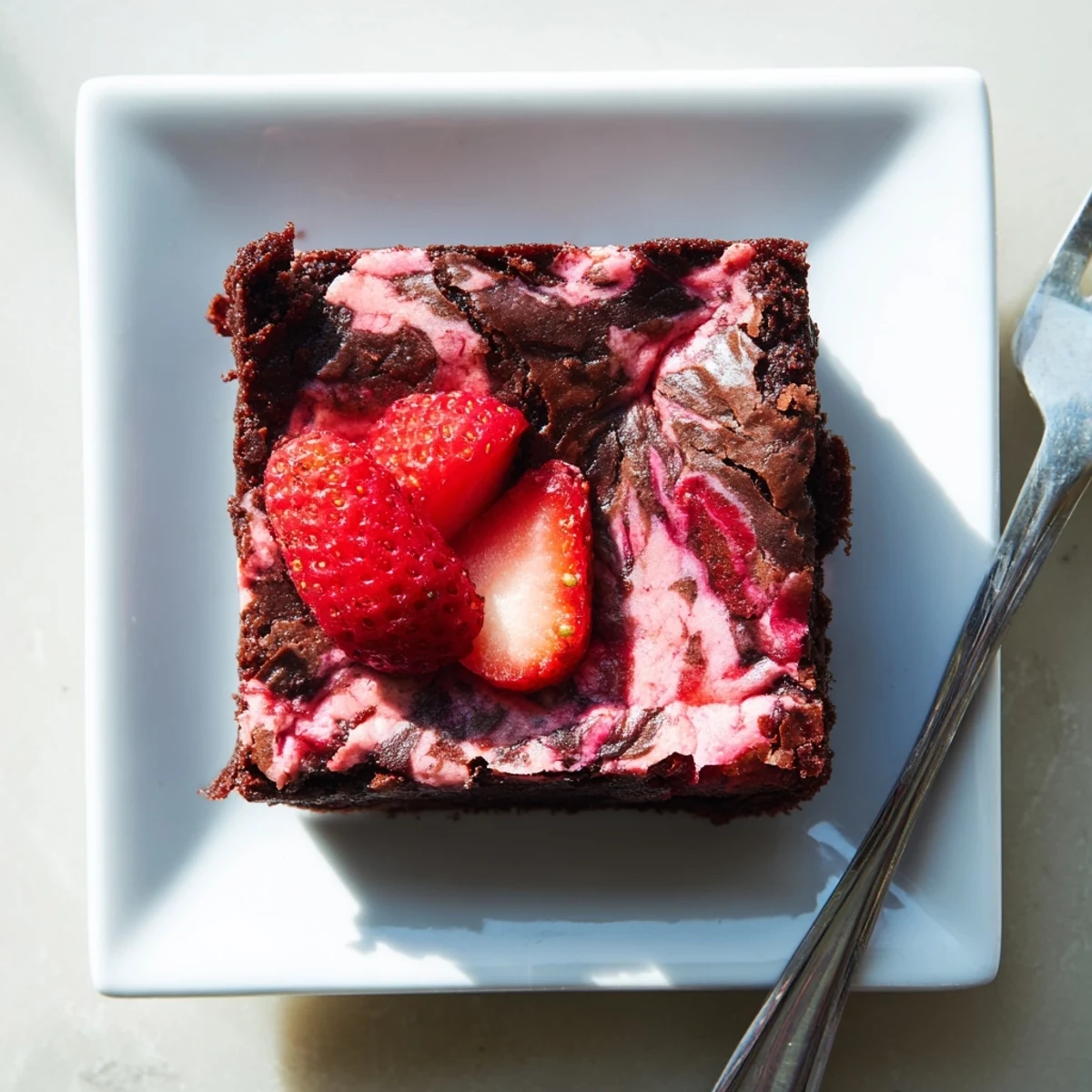 Decadent strawberry brownies with glossy chocolate strawberry swirl atop a fudgy homemade tray bake