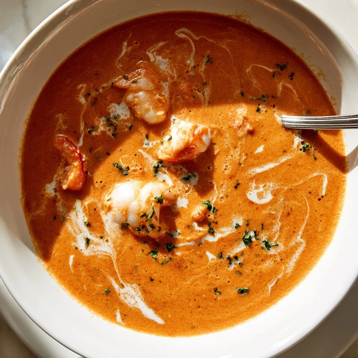 Rich and velvety prawn and lobster bisque topped with fresh parsley in a white bowl