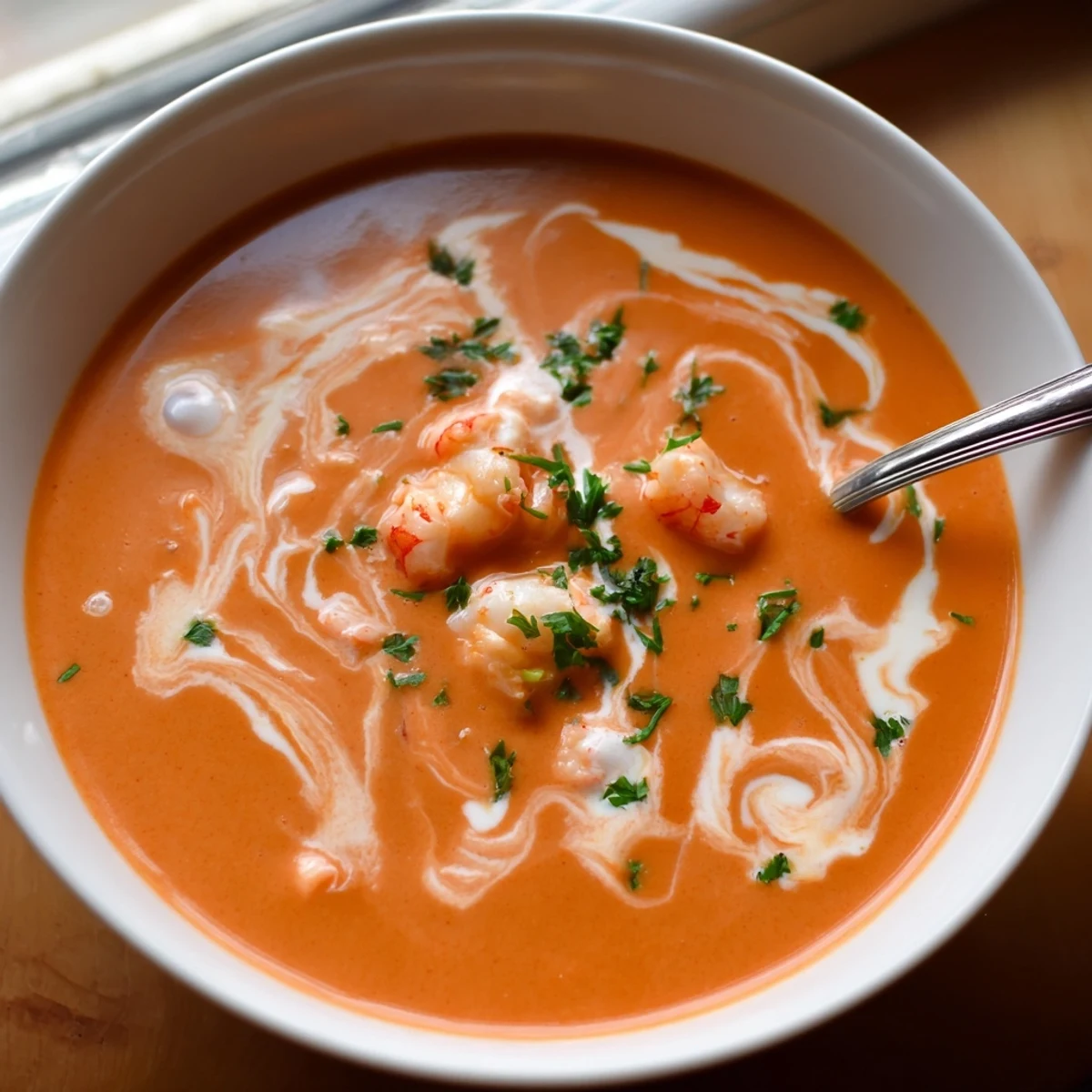 Steaming hot creamy seafood bisque featuring tender chunks of prawn and lobster in an elegant bowl