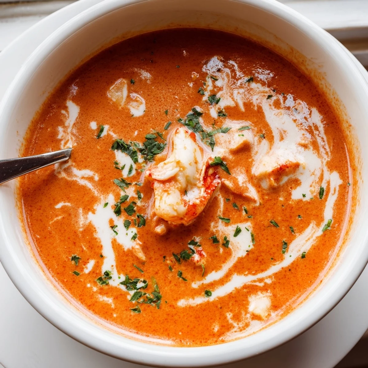 Luxurious French-style prawn and lobster bisque garnished with herbs and served as a sophisticated starter