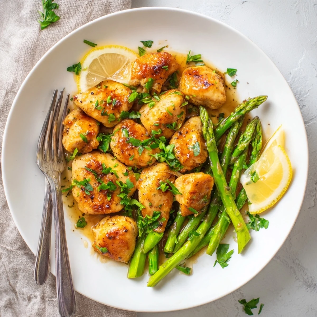 Tender seared chicken pieces with vibrant green asparagus coated in garlic butter glaze
