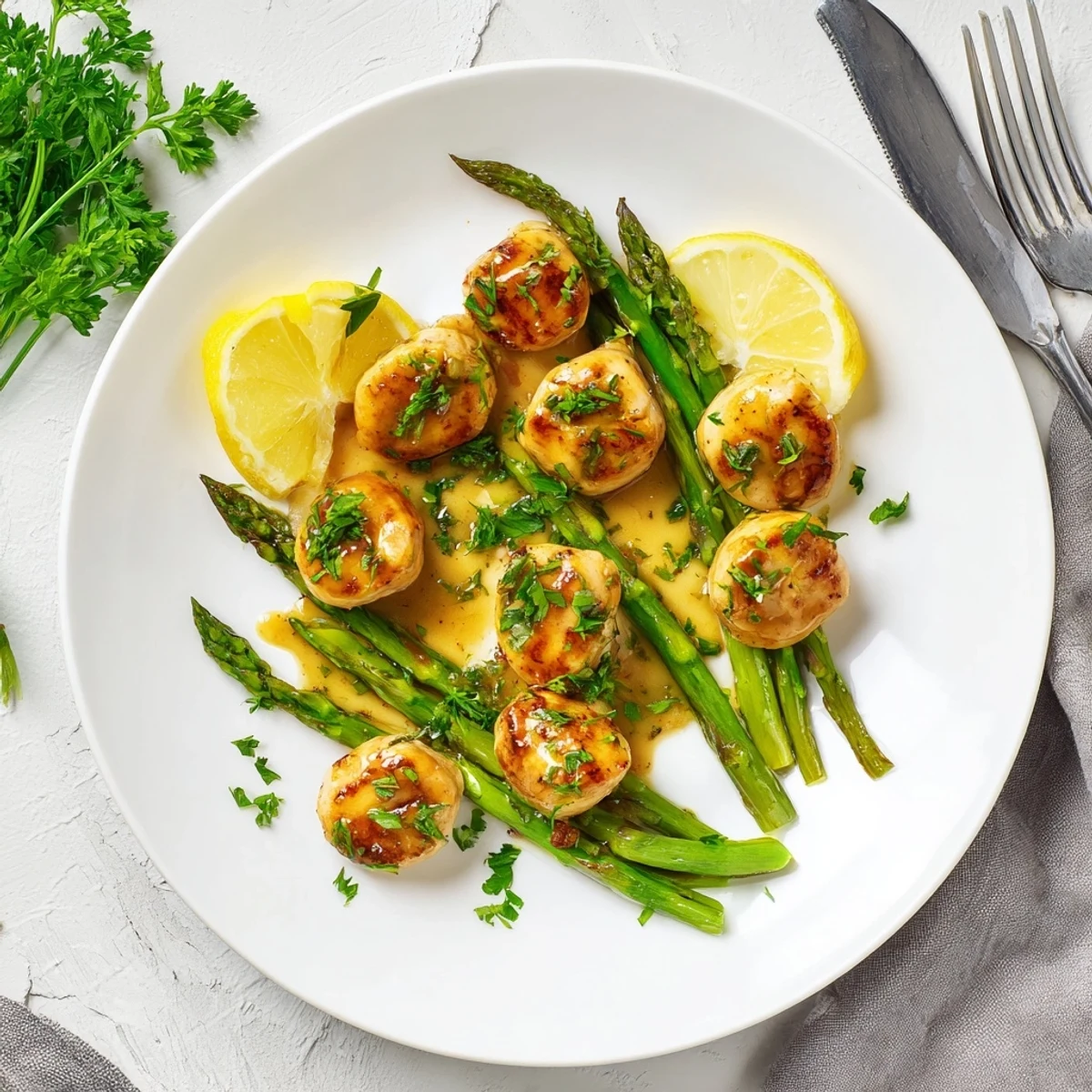 Golden brown garlic butter chicken bites with crisp asparagus in a rich buttery sauce