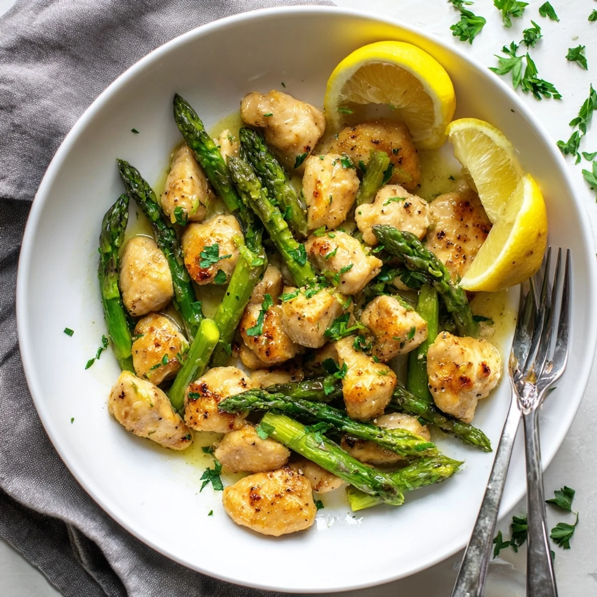 Juicy chicken bites sautéed with fresh asparagus in a savory lemon garlic butter sauce