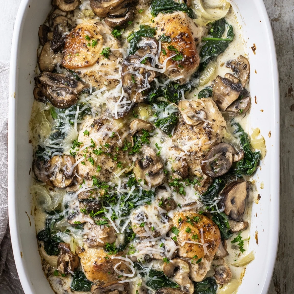 Creamy low carb chicken spinach mushroom bake featuring tender breast pieces in rich cheesy sauce