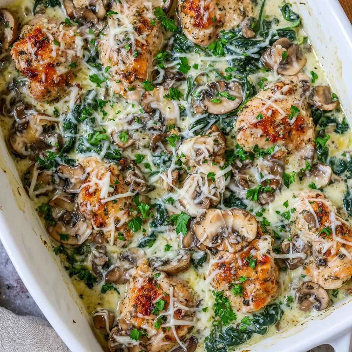 Golden bubbly low carb chicken spinach mushroom bake fresh from the oven with melted mozzarella