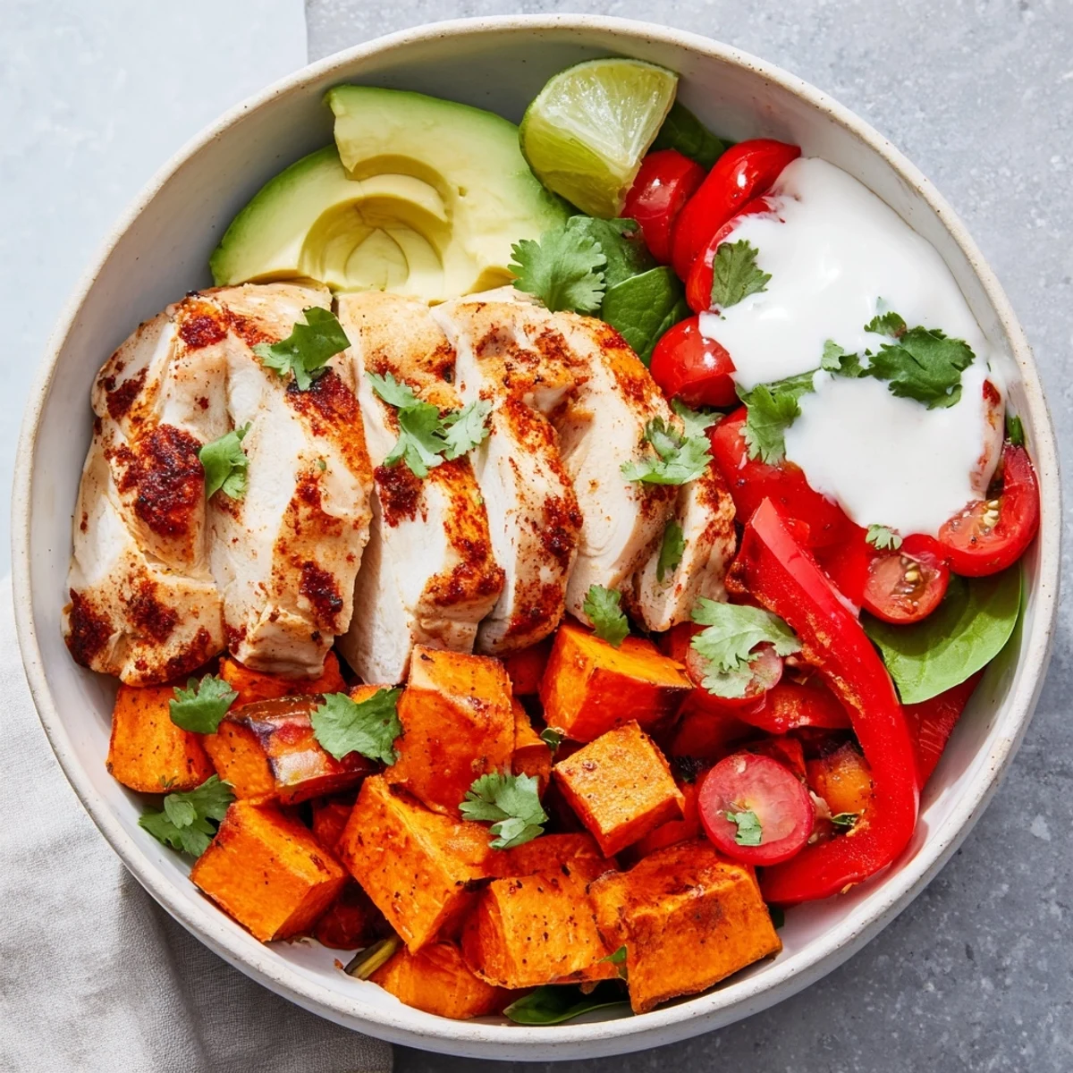 Colorful chicken sweet potato bowl with roasted vegetables, sliced avocado, and fresh cilantro garnish in a meal prep container