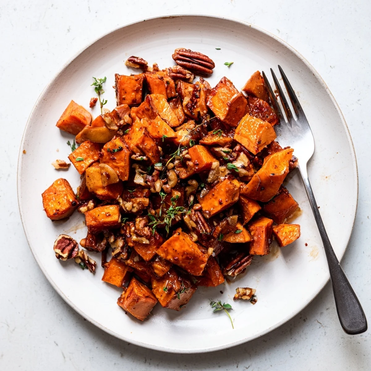 Golden roasted sweet potatoes and apples glistening with warm cinnamon maple glaze in a rustic serving bowl