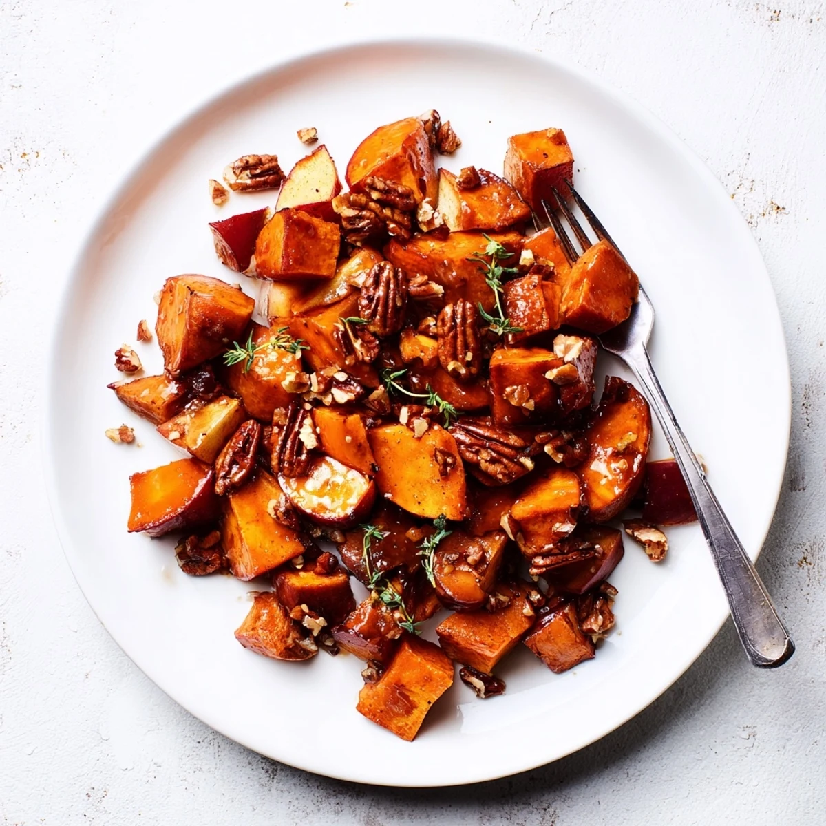 Tender caramelized sweet potato cubes and apple chunks coated in sticky maple cinnamon seasoning on a white platter