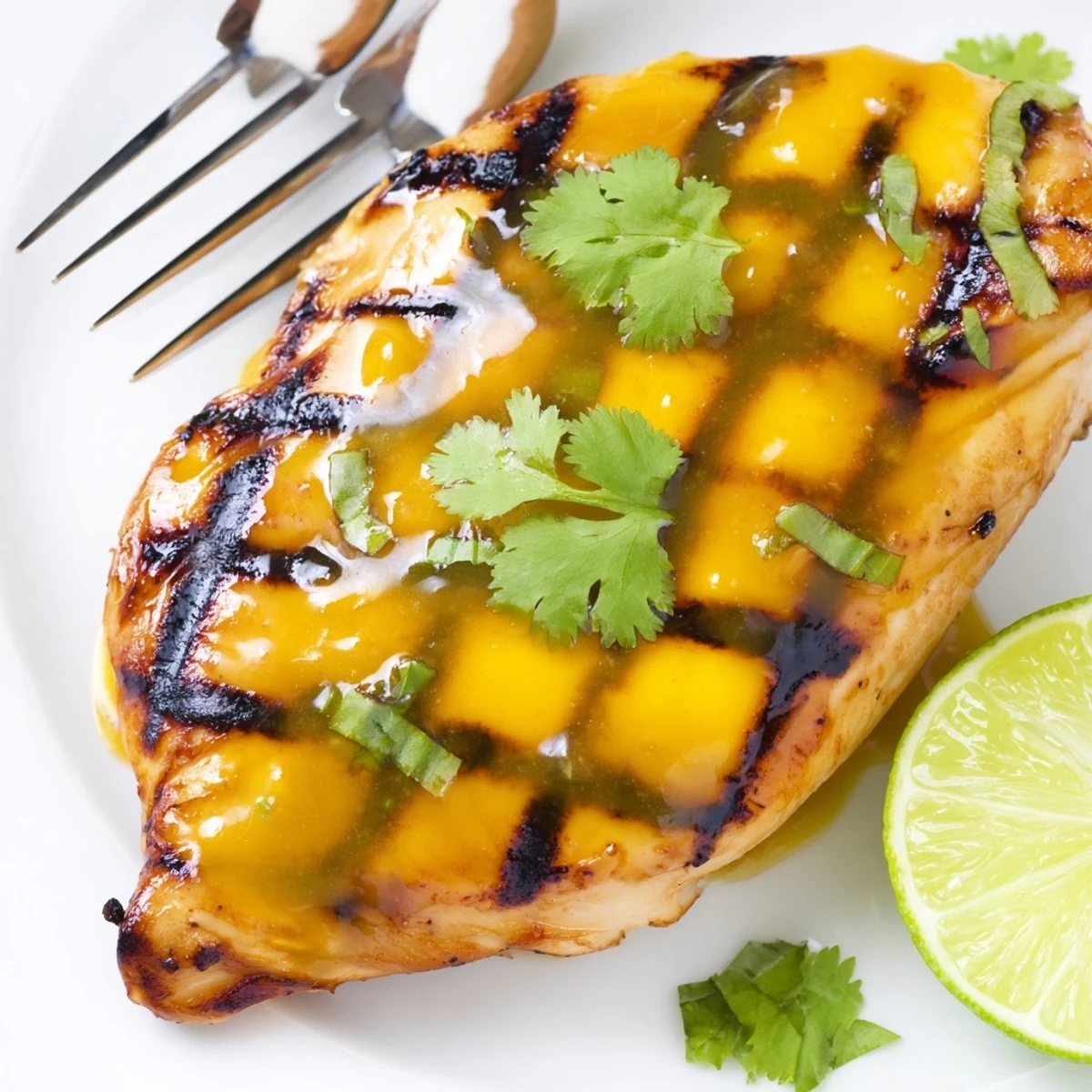 Golden grilled mango chicken with char marks garnished with fresh cilantro and lime