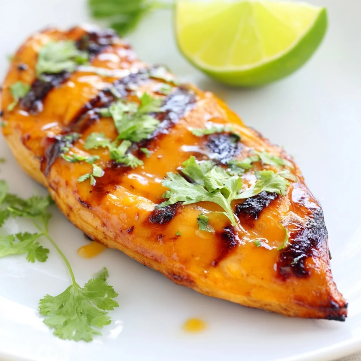 Juicy grilled mango chicken breasts glazed with sweet tropical mango barbecue sauce
