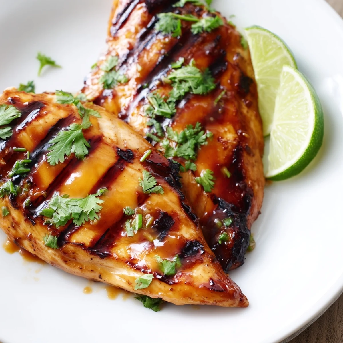 Perfectly grilled mango chicken served on a white plate with lime wedges