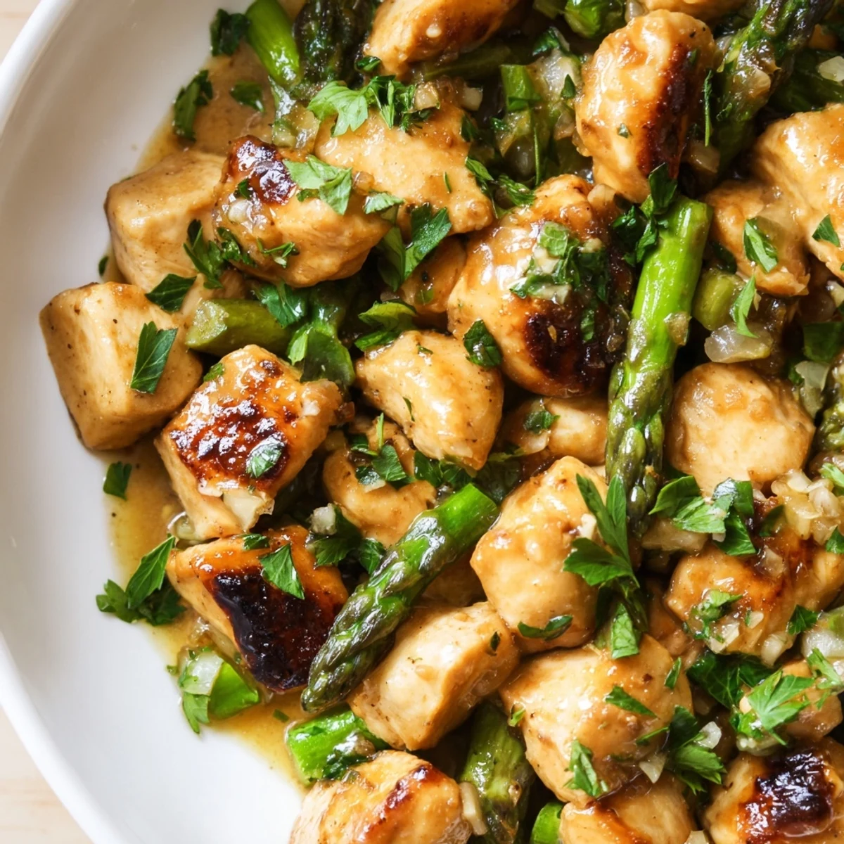 Golden brown garlic butter chicken bites with asparagus served on a white plate