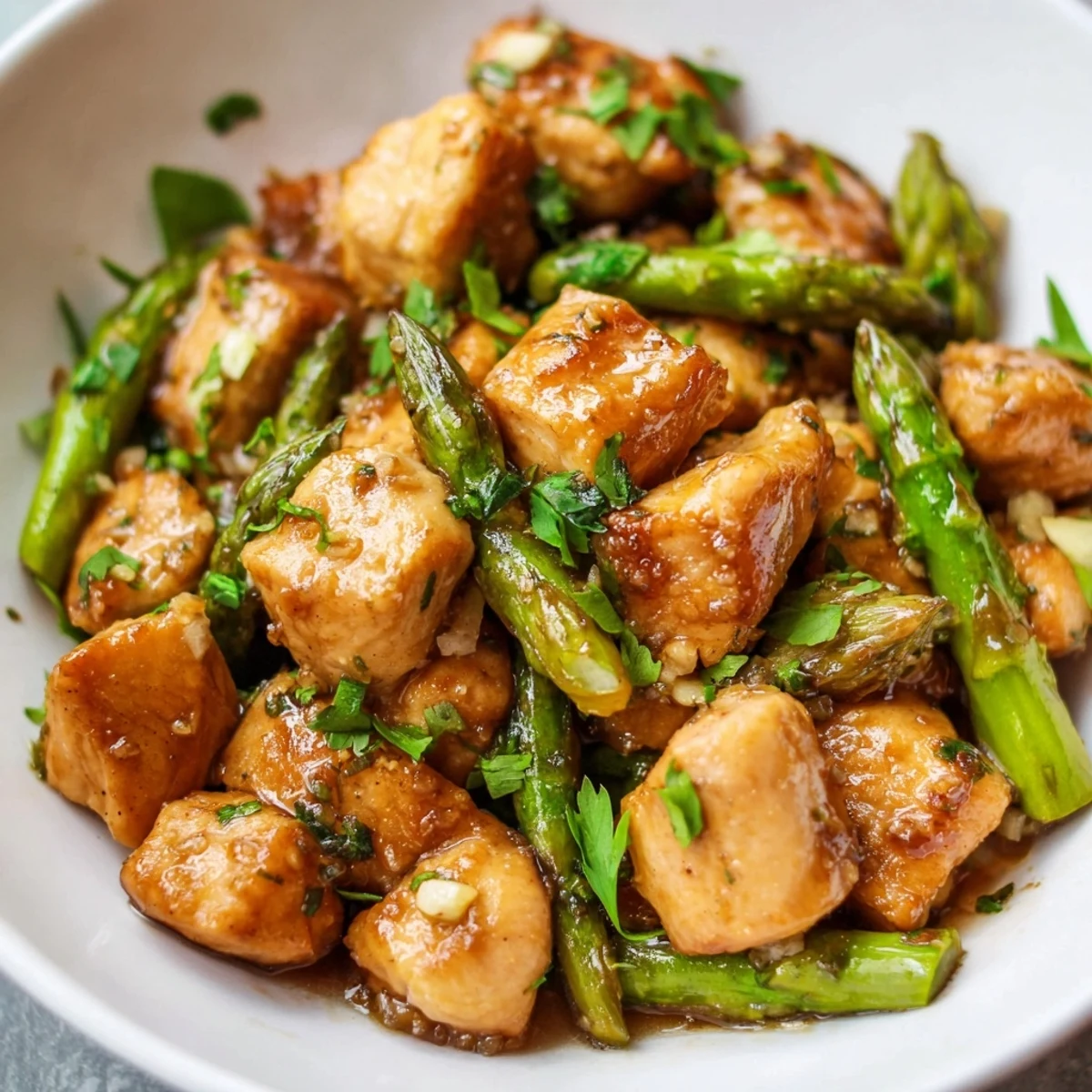 Tender chicken cubes and crisp asparagus tossed in rich garlic butter sauce with parsley garnish