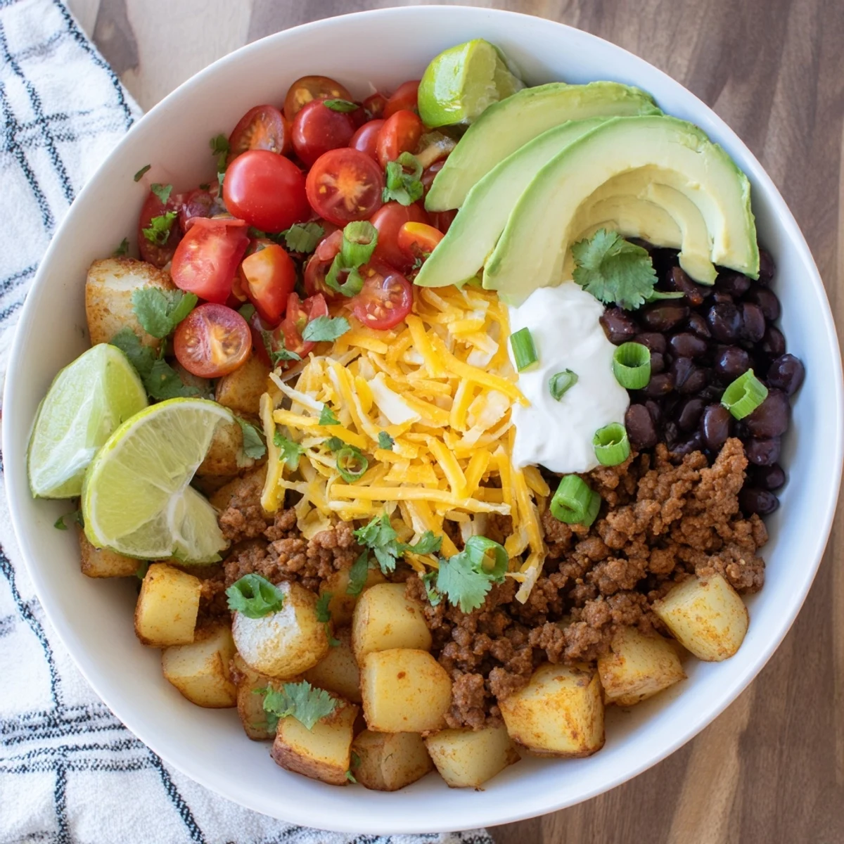 Golden roasted potatoes topped with seasoned ground beef taco mixture and colorful fresh toppings in a layered bowl
