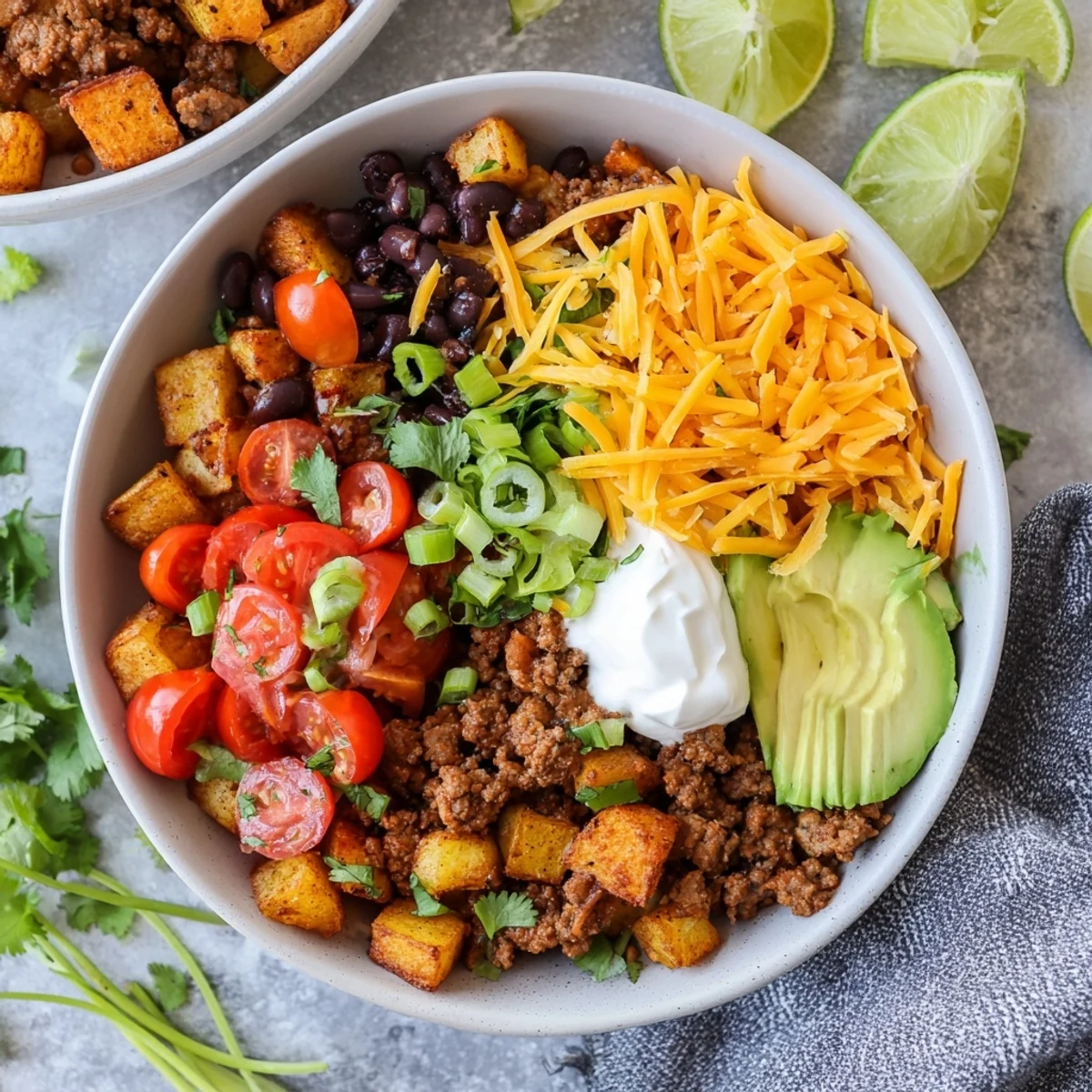 Hearty ground beef potato taco bowl piled high with melted cheddar, avocado slices, and vibrant cilantro garnish