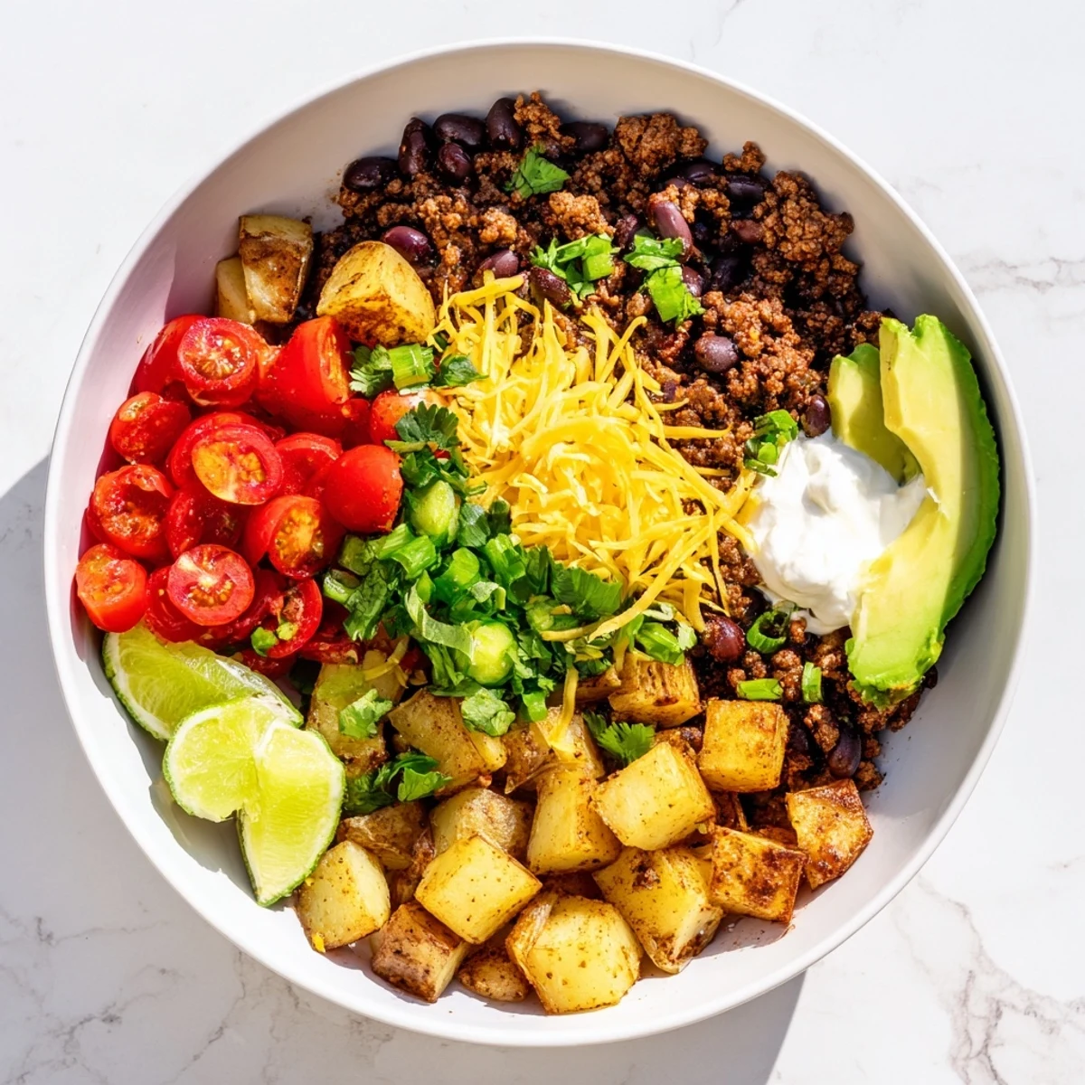 Sizzling seasoned ground beef served over crispy roasted potatoes in this Tex-Mex taco bowl with classic garnishes