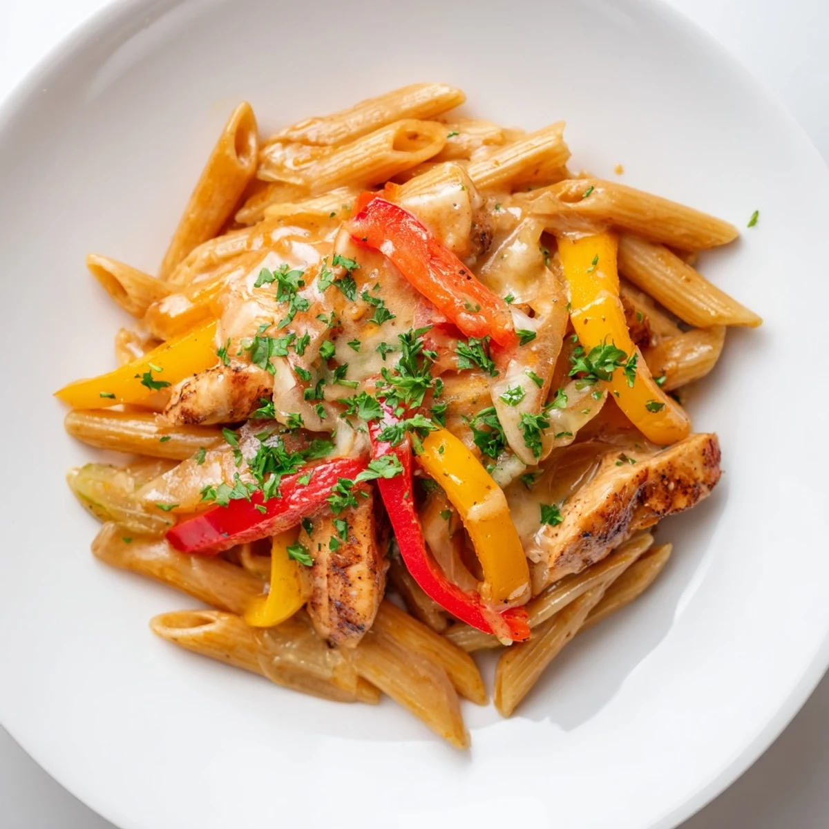 Golden brown Cajun chicken strips nestled in creamy penne pasta with colorful bell peppers