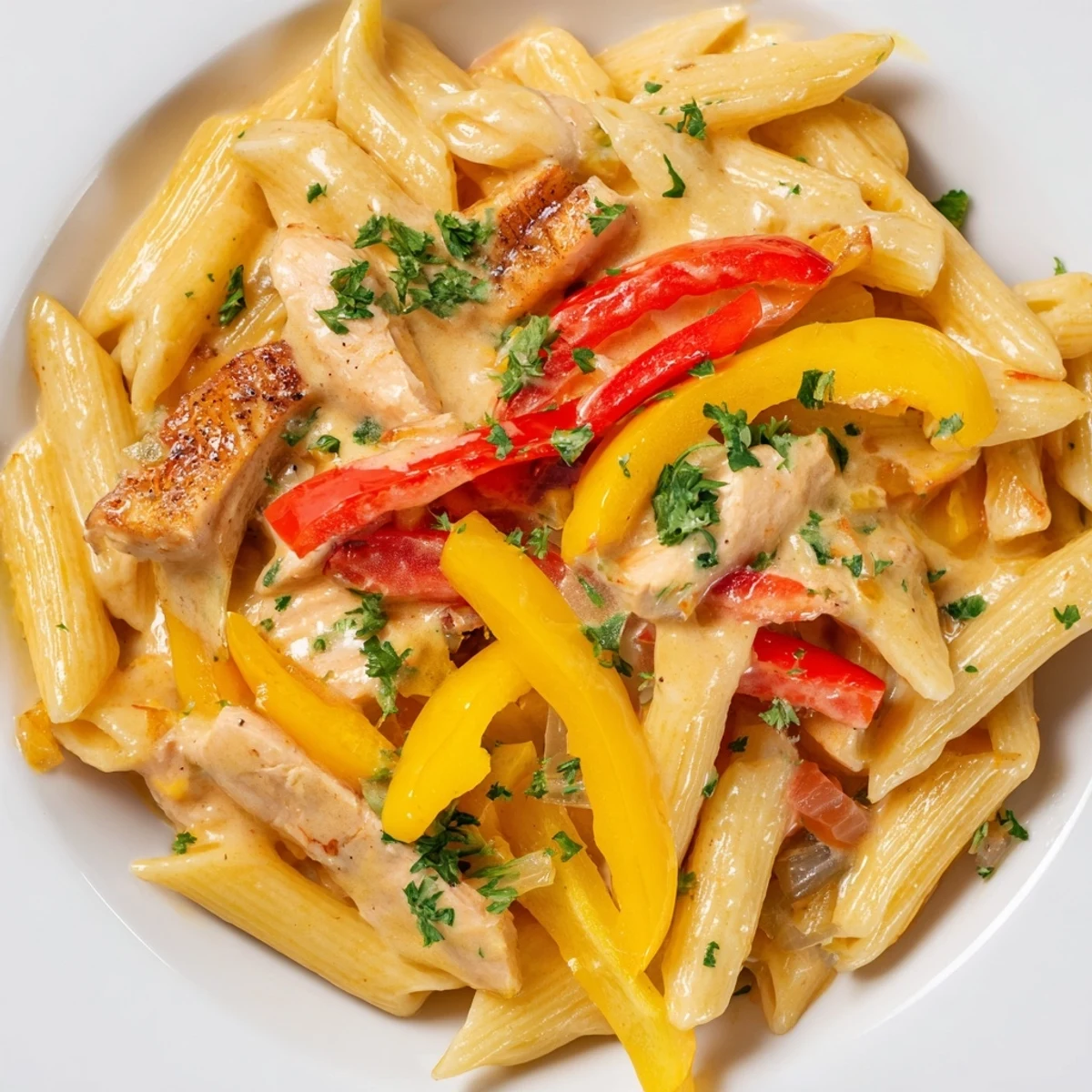 Steaming bowl of Cajun chicken penne pasta tossed in rich white cream sauce with parsley garnish