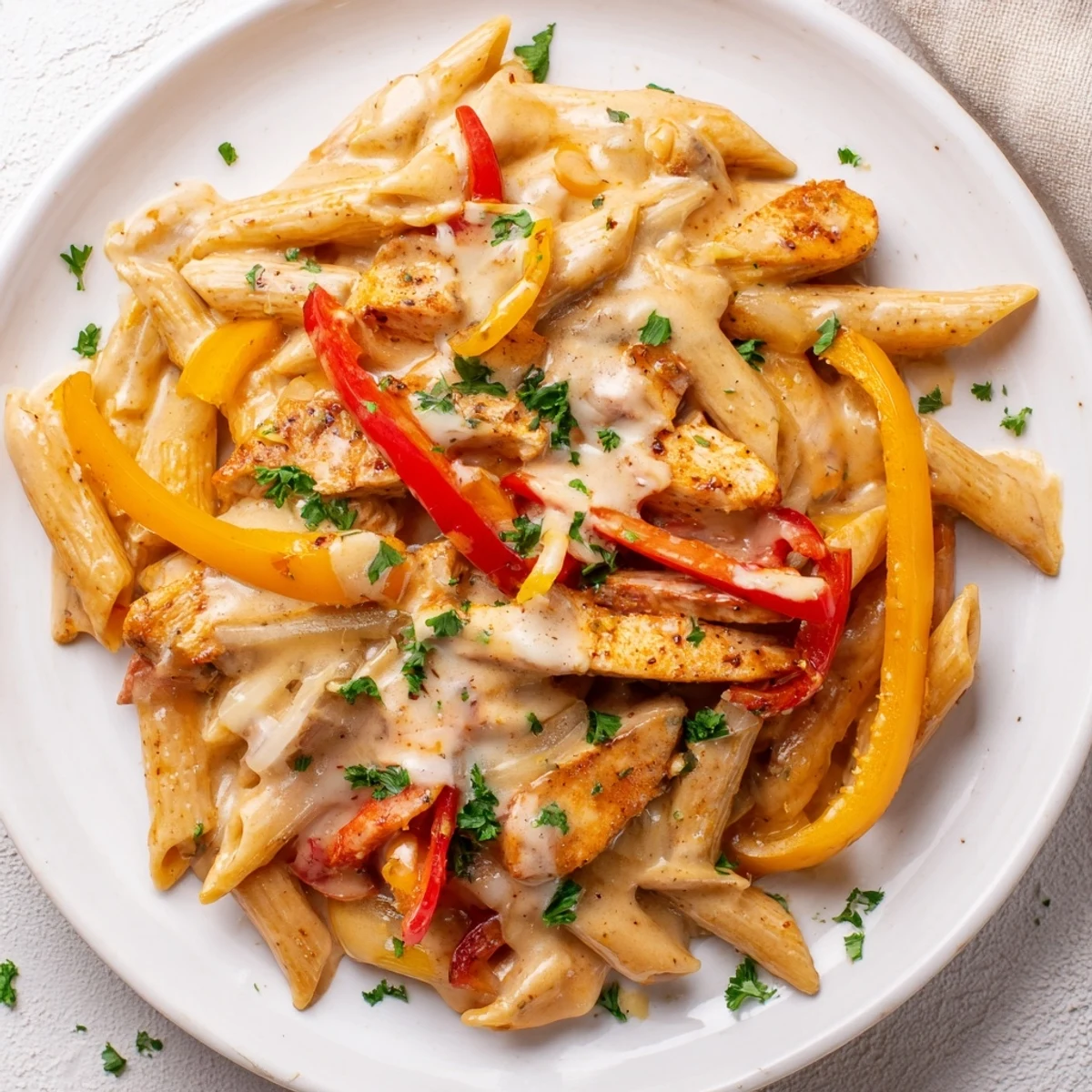 Close-up of spicy Cajun chicken penne pasta with sliced peppers and melted Parmesan cream sauce