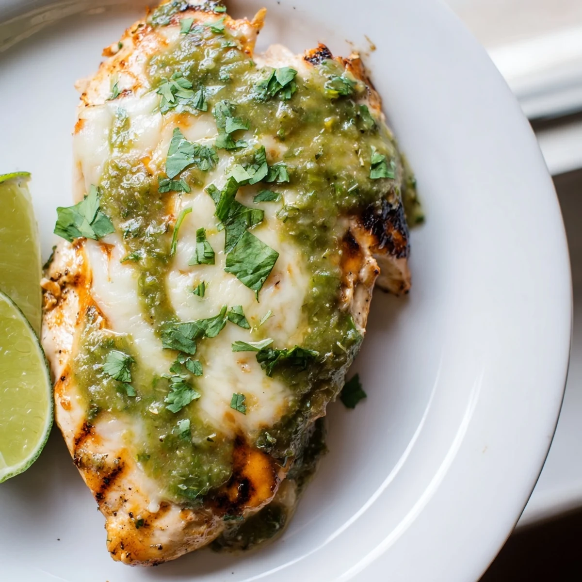 Zesty Grilled Salsa Verde Pepper Jack Chicken featuring juicy spiced meat under a layer of melted pepper jack