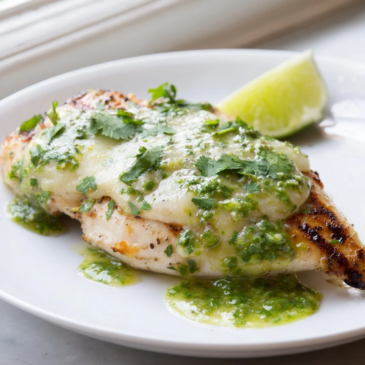 Golden brown Grilled Salsa Verde Pepper Jack Chicken with bubbling melted cheese and fresh green onion garnish