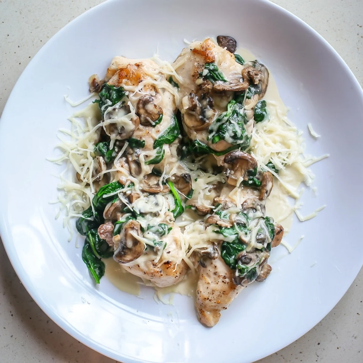 Creamy low carb chicken spinach mushroom bake casserole featuring juicy seared chicken breasts nestled in vegetables