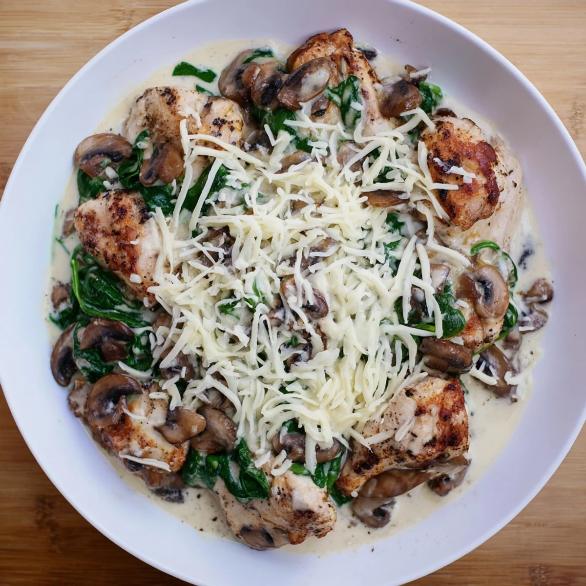 Golden bubbly low carb chicken spinach mushroom bake fresh from the oven with melted mozzarella topping