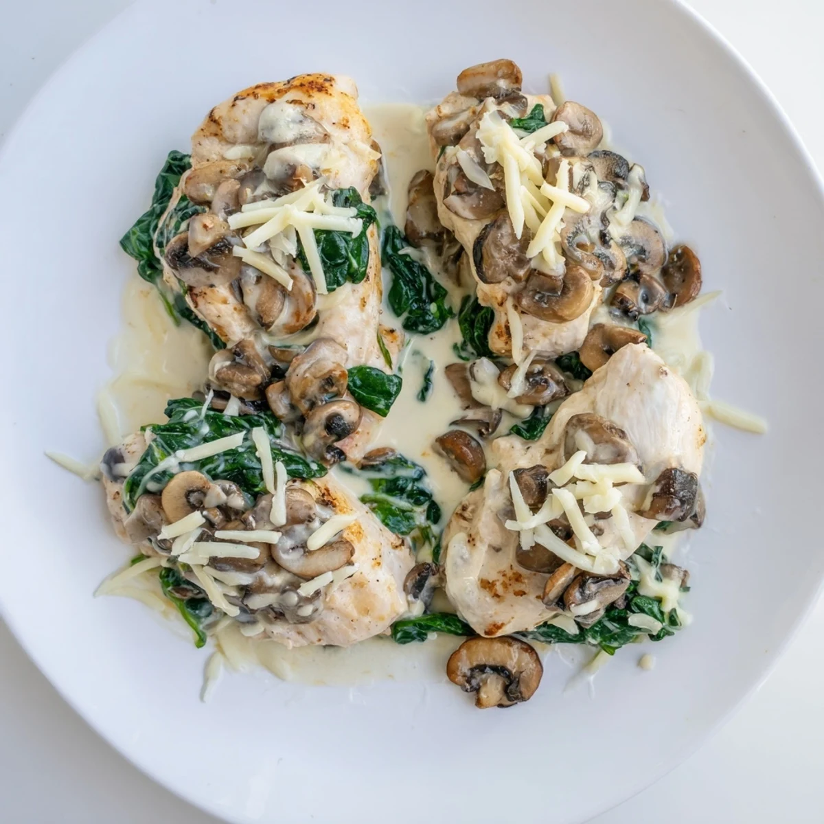 Savory low carb chicken spinach mushroom bake served bubbling hot with golden cheese and tender wilted spinach