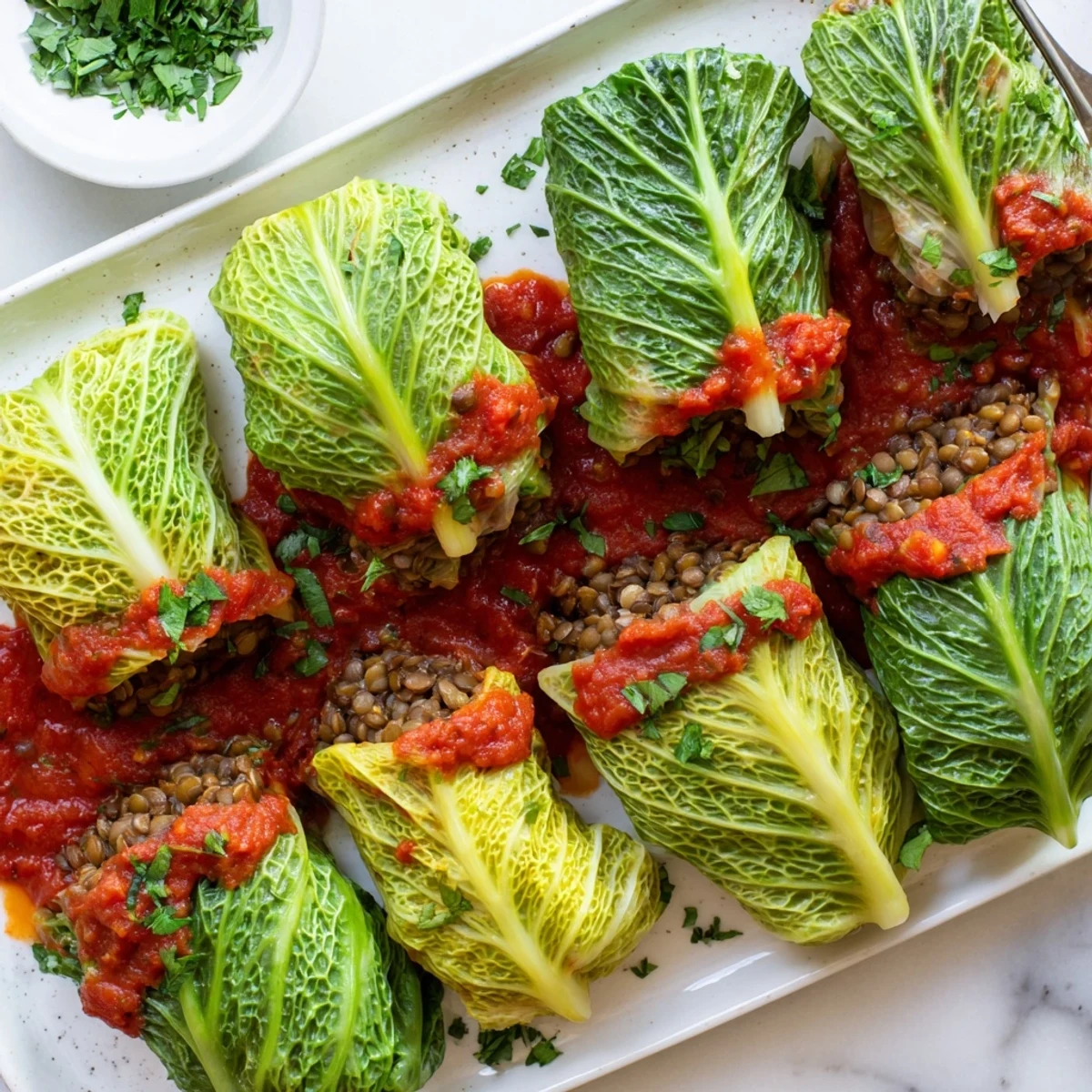 Golden baked vegan cabbage rolls swimming in rich tomato sauce topped with fresh parsley
