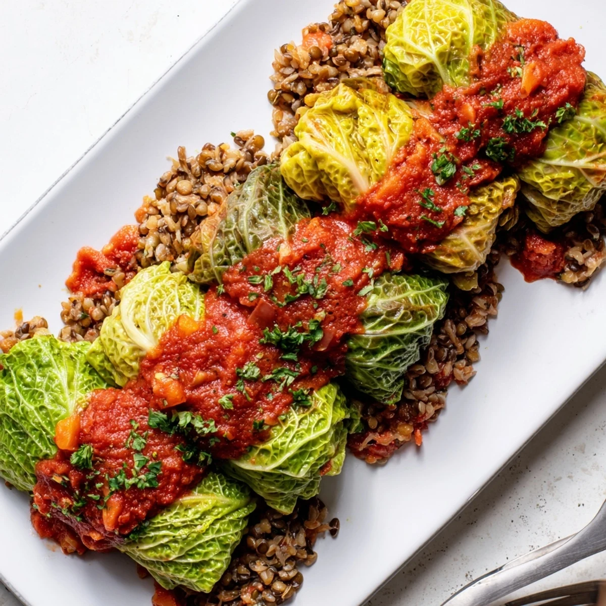 Tender green cabbage leaves stuffed with savory lentil rice filling arranged in baking dish
