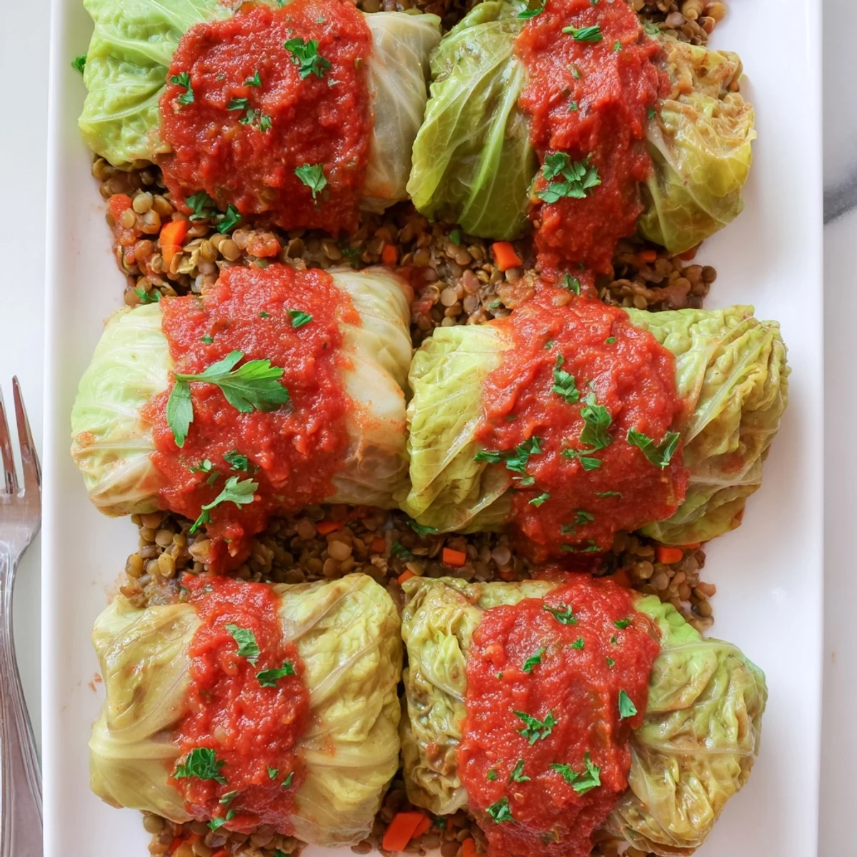 Hearty plant-based cabbage rolls bubbling in rustic tomato sauce with steam rising from top