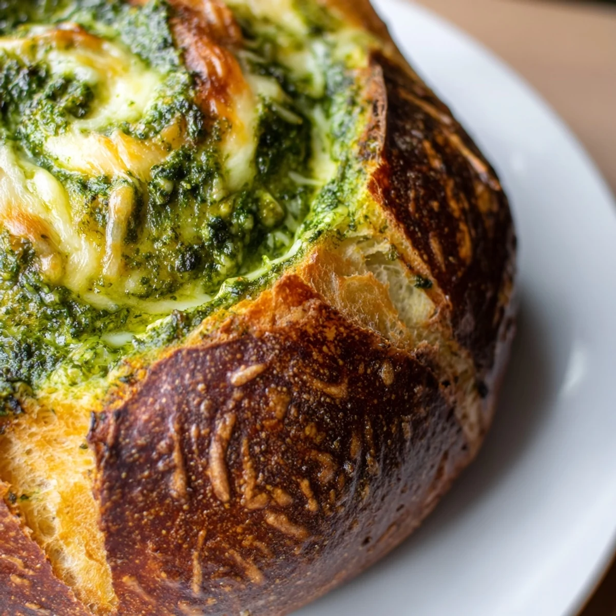 Rustic pesto Parmesan sourdough bread loaf with golden crust and visible green swirls