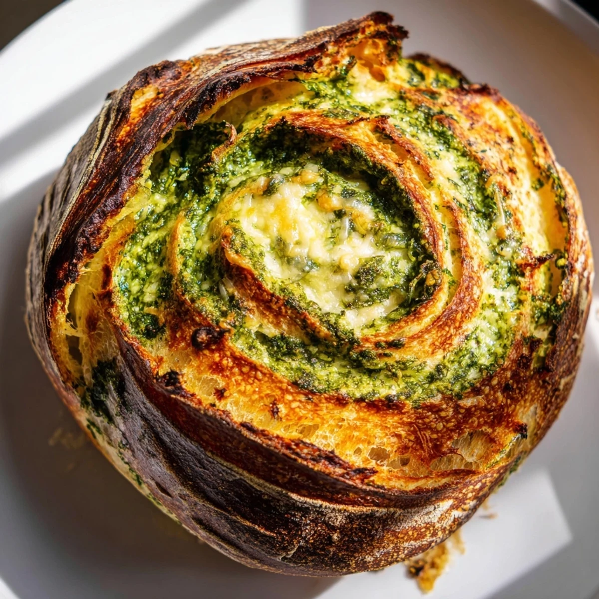 Homemade pesto Parmesan sourdough cooling on wire rack with crispy golden Parmesan crust