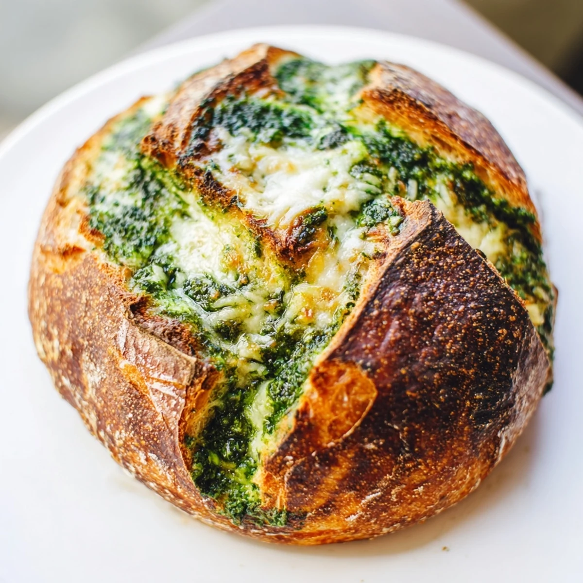 Freshly sliced pesto Parmesan sourdough revealing vibrant basil layers and melted cheese topping