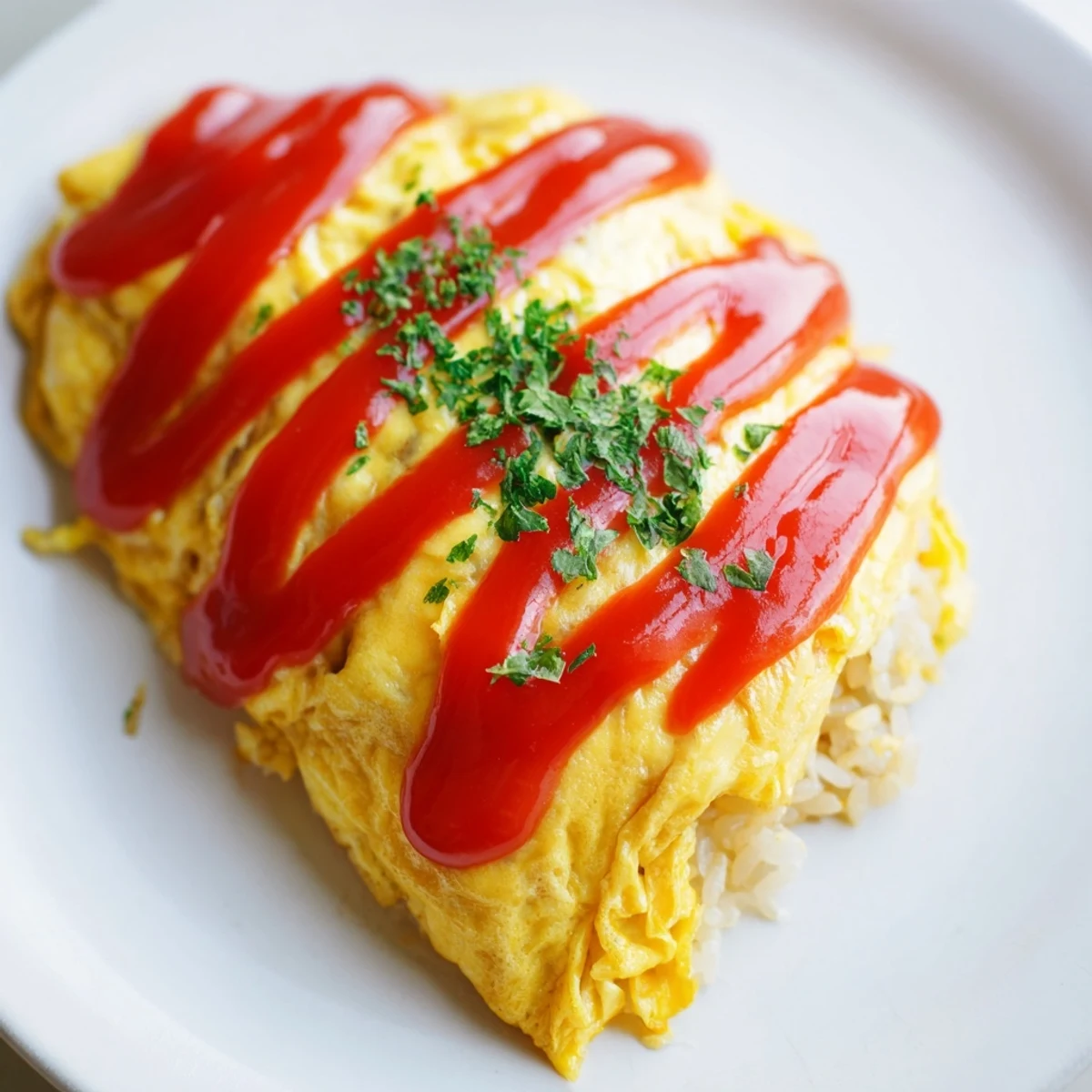 Golden yellow omurice featuring fluffy scrambled eggs wrapped around savory ketchup fried rice