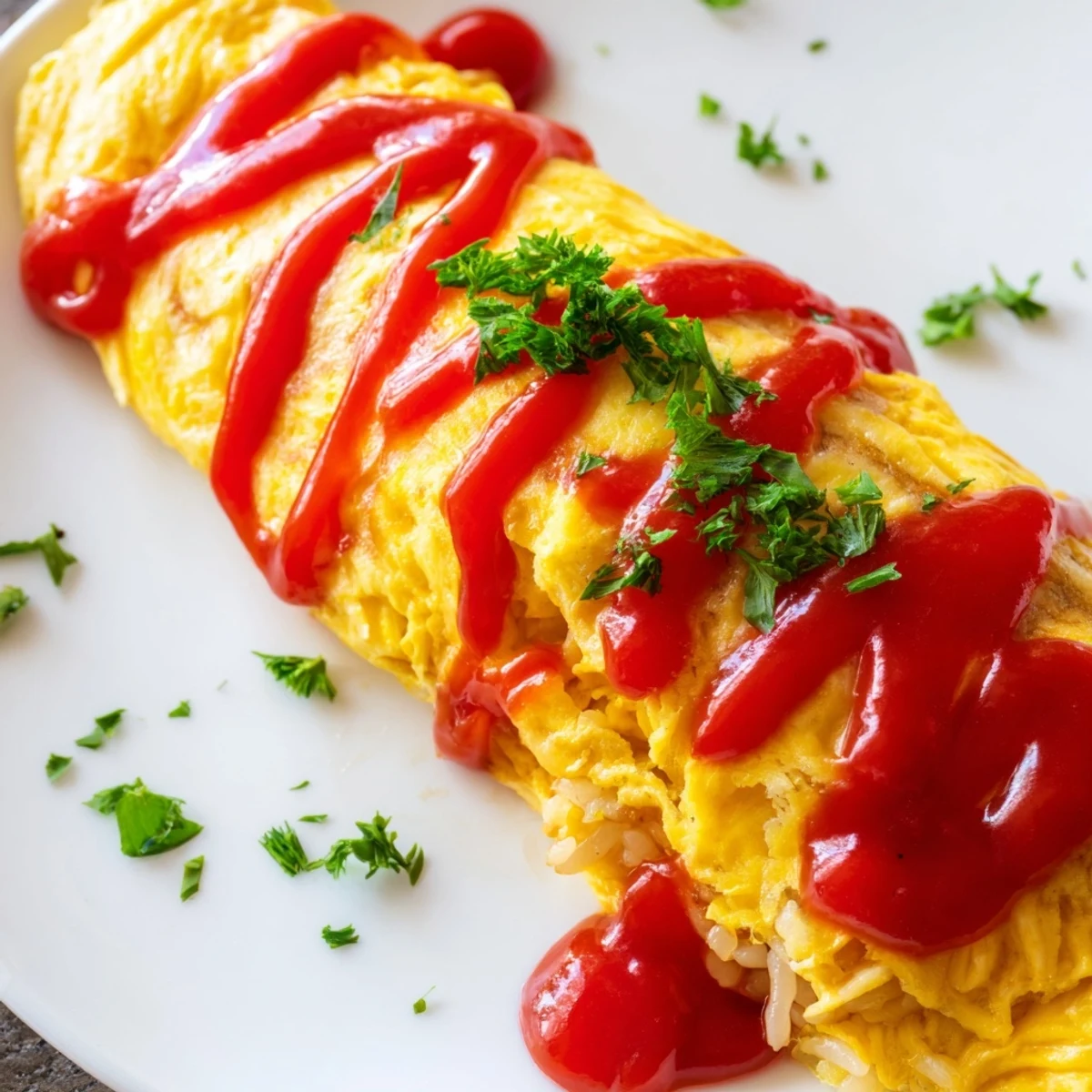 Creamy omelet envelope covering tomato-seasoned fried rice in this classic Japanese comfort food dish