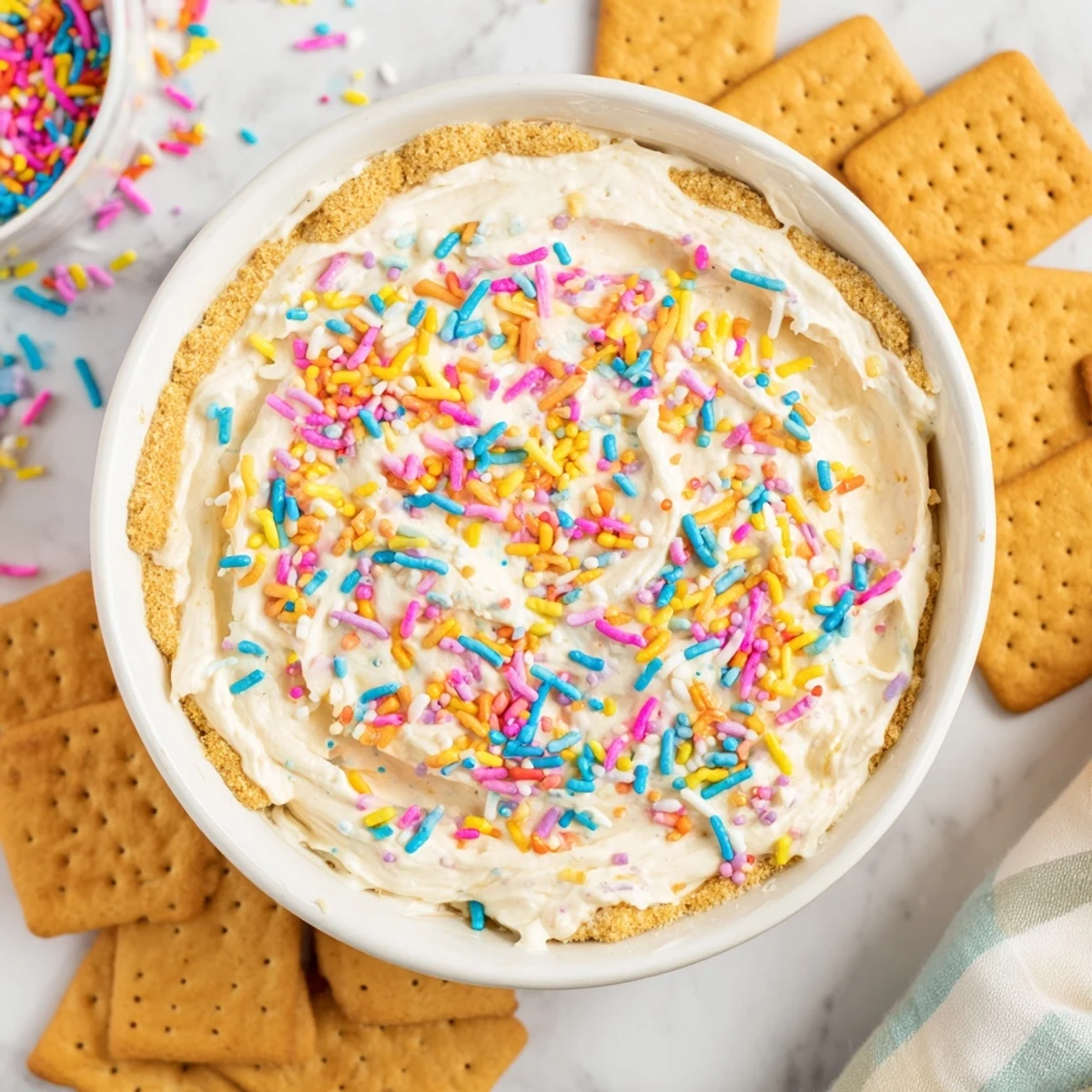 Smooth vanilla high protein Dunkaroo dip with bright sprinkles on a white platter