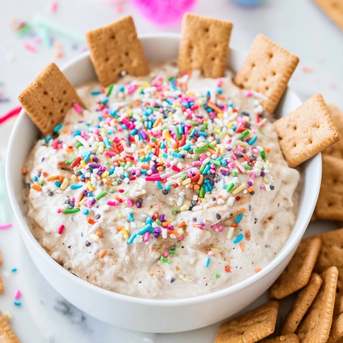 Rich and sweet high protein Dunkaroo dip served with graham crackers for dipping