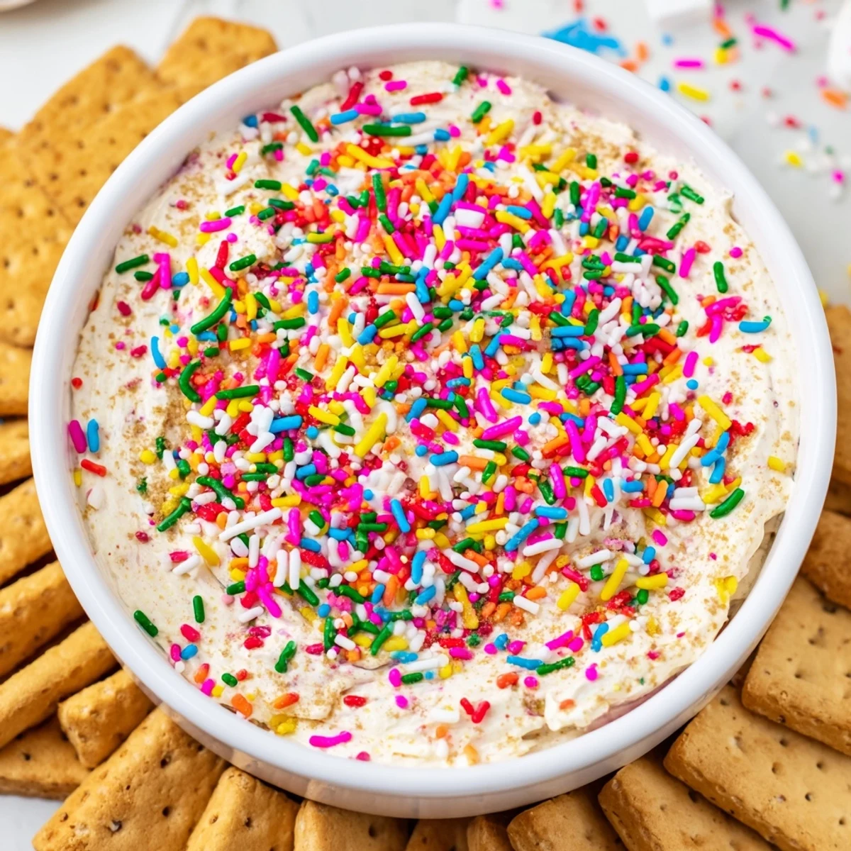 Creamy high protein Dunkaroo dip topped with colorful rainbow sprinkles in a serving bowl