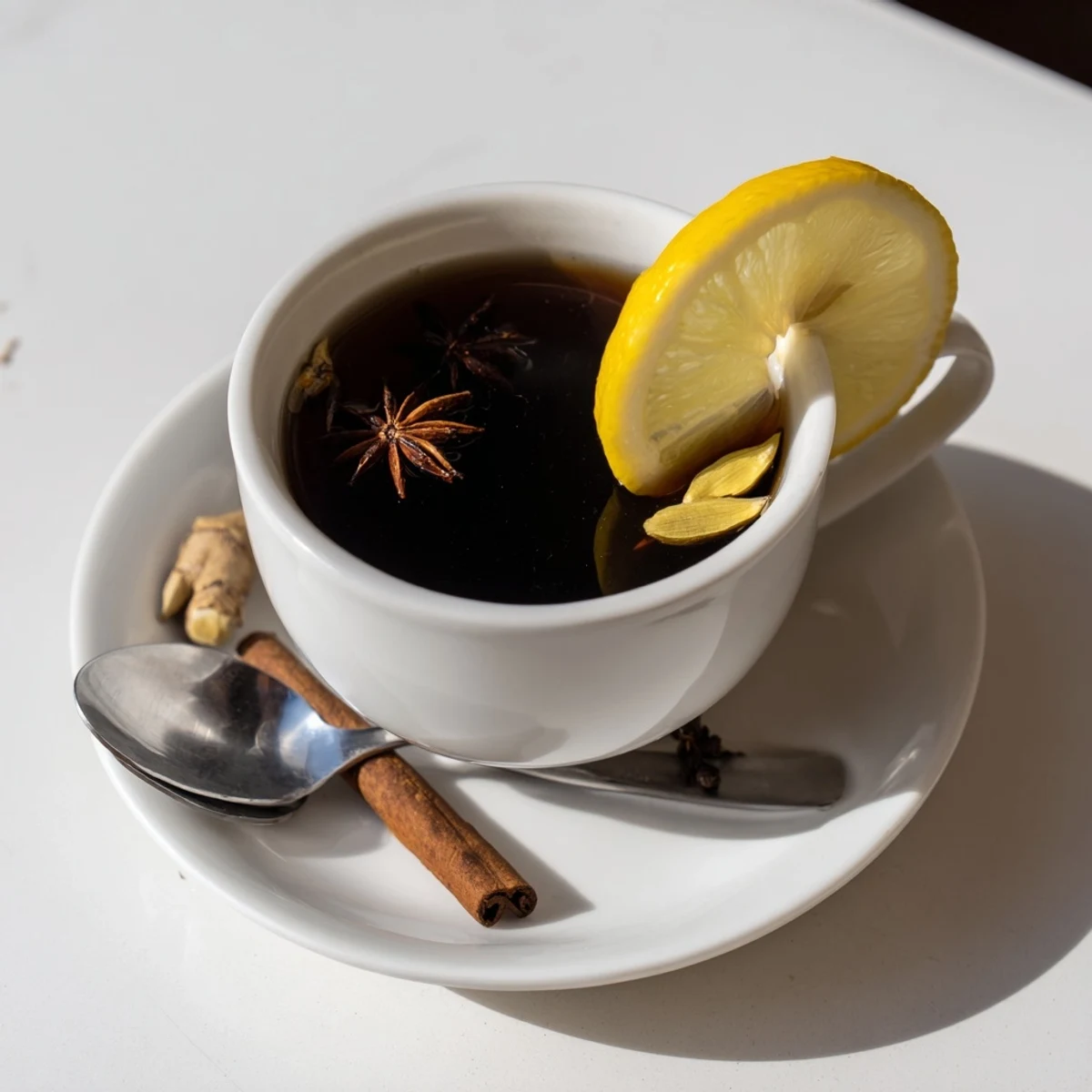 Golden Lebanese spiced tea steaming in a glass cup with cinnamon stick and star anise