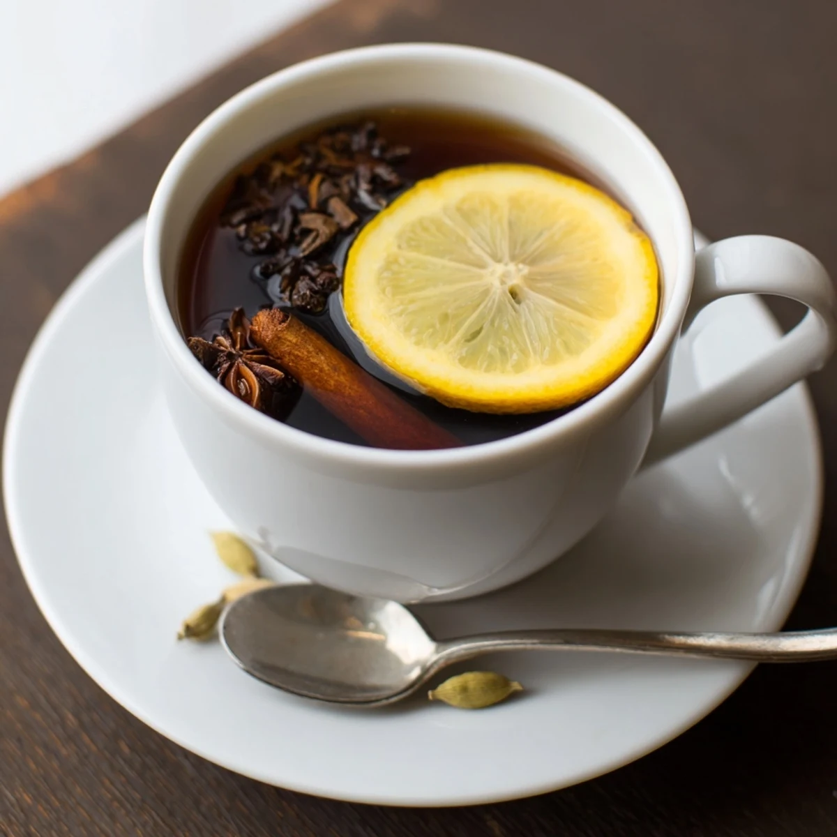Fragrant Lebanese spiced tea poured from a porcelain teapot into elegant white teacups