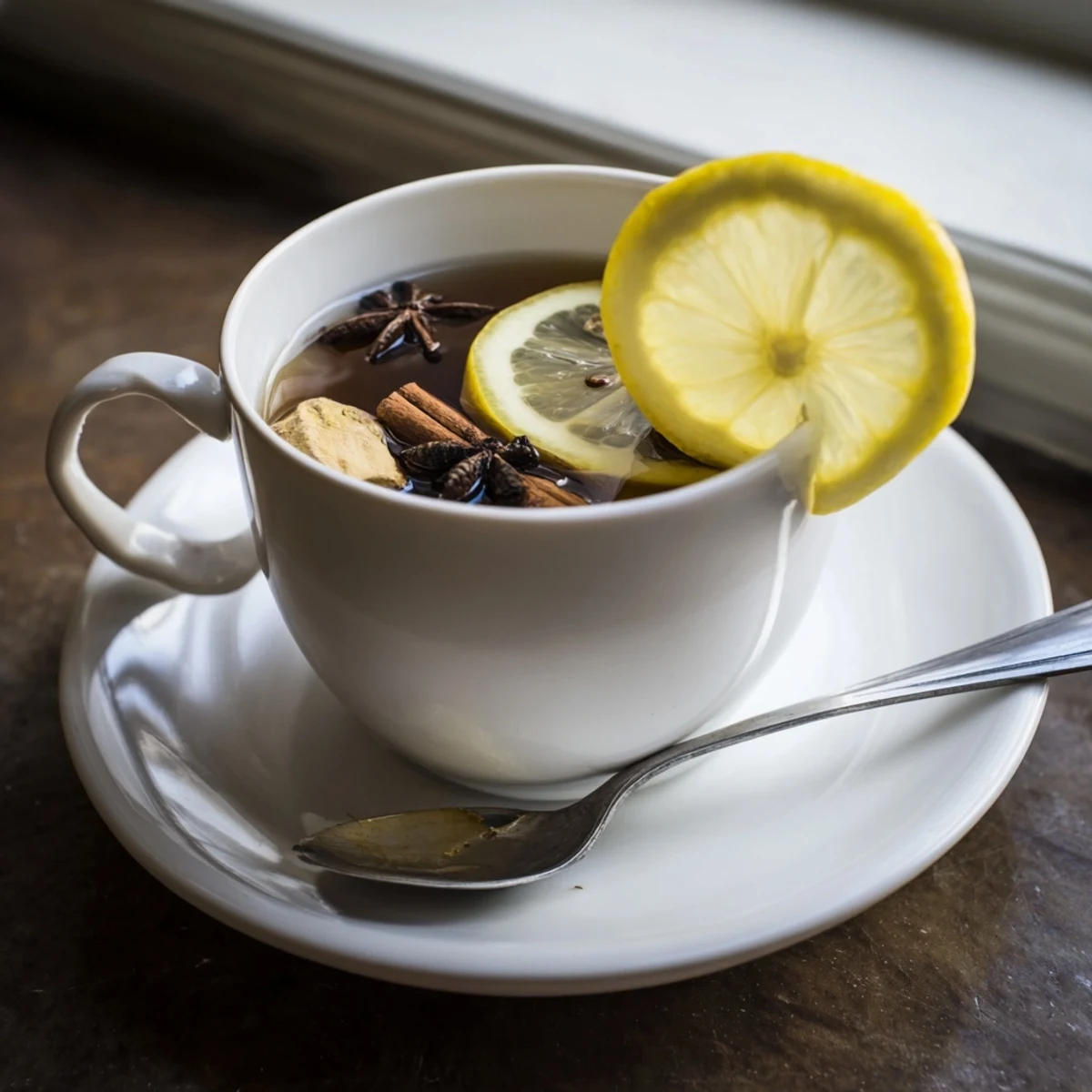 Rich Lebanese spiced tea infused with cardamom cloves and ginger served hot with lemon