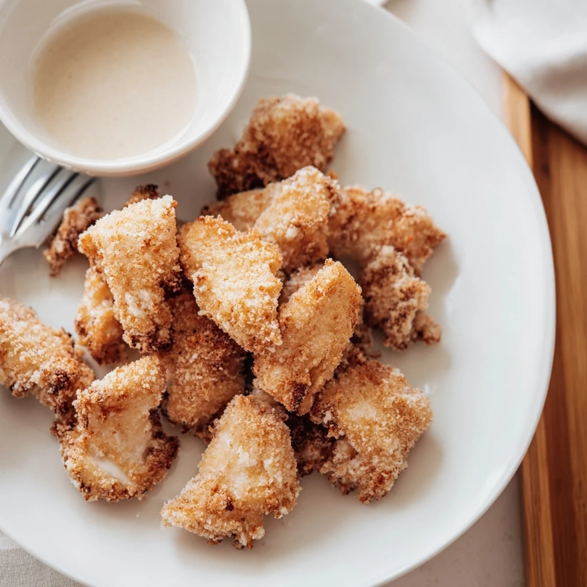 Golden chicken tempura pieces arranged on a white plate with savory soy dipping sauce