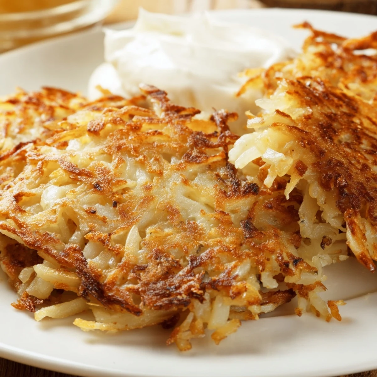 Golden brown German potato pancakes frying in a skillet with crispy edges