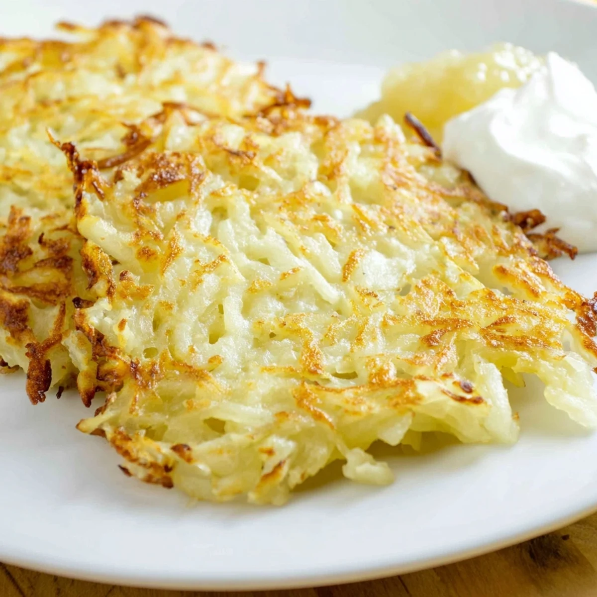 Traditional German potato pancakes served on a white plate with tangy applesauce