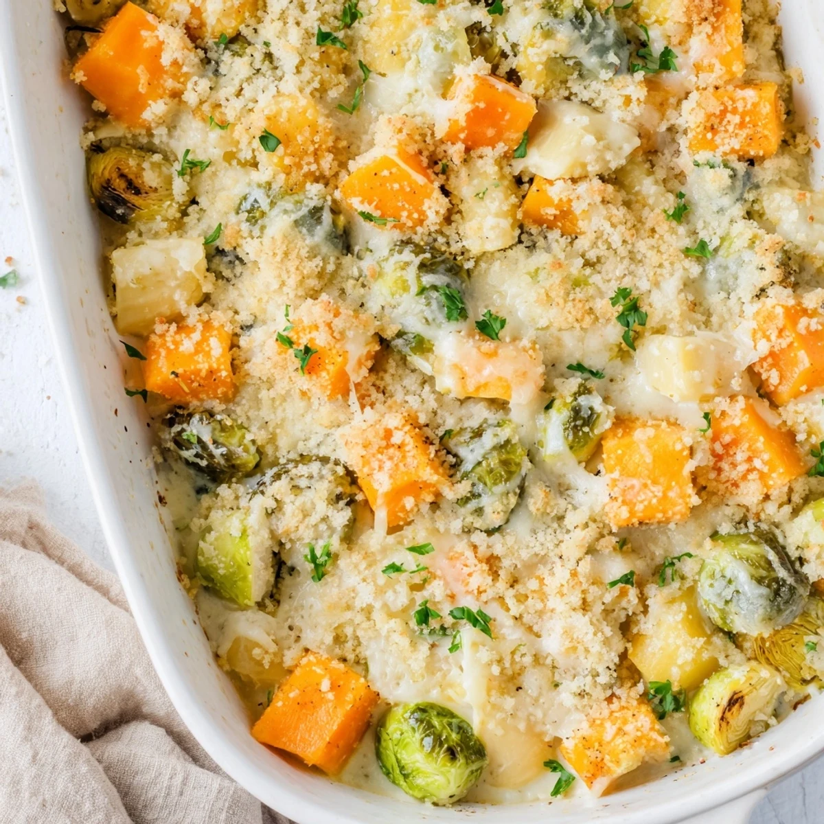 Golden brown creamy winter vegetable casserole with melted Gruyère cheese and crispy breadcrumb topping bubbling in oven dish
